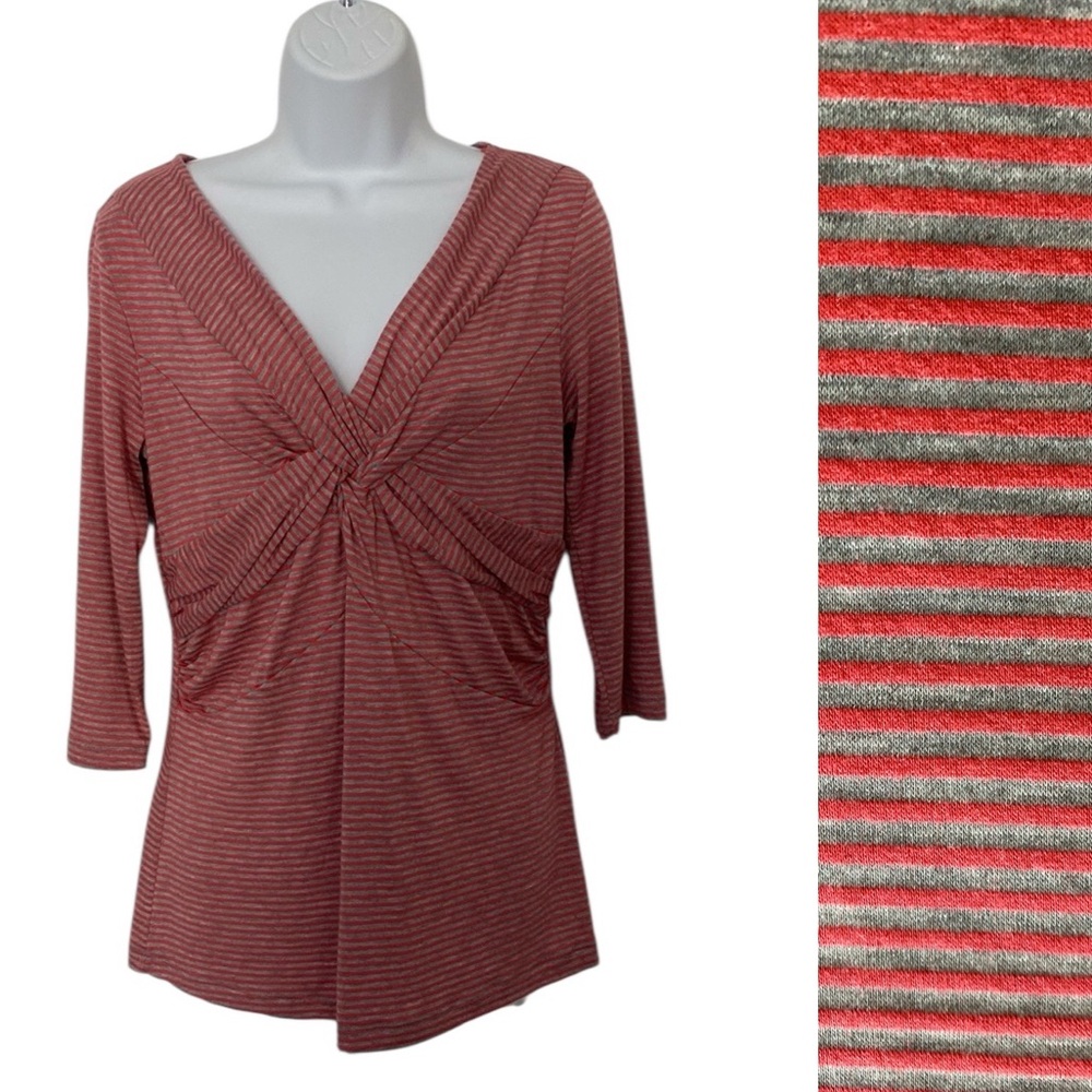 NWOT Pleione Red and Gray Striped Twist Ruched Front M